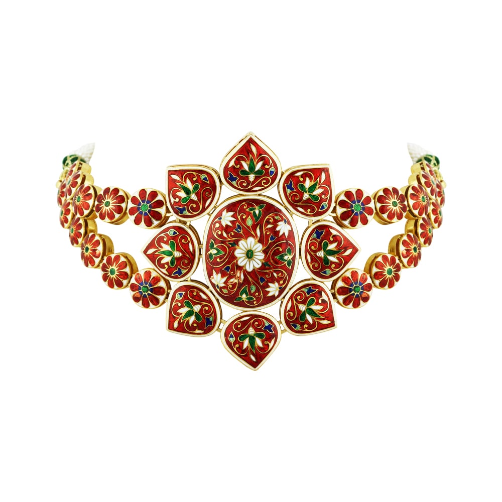 Floral Polki Choker with Green Enamel and Dual Polki Strings