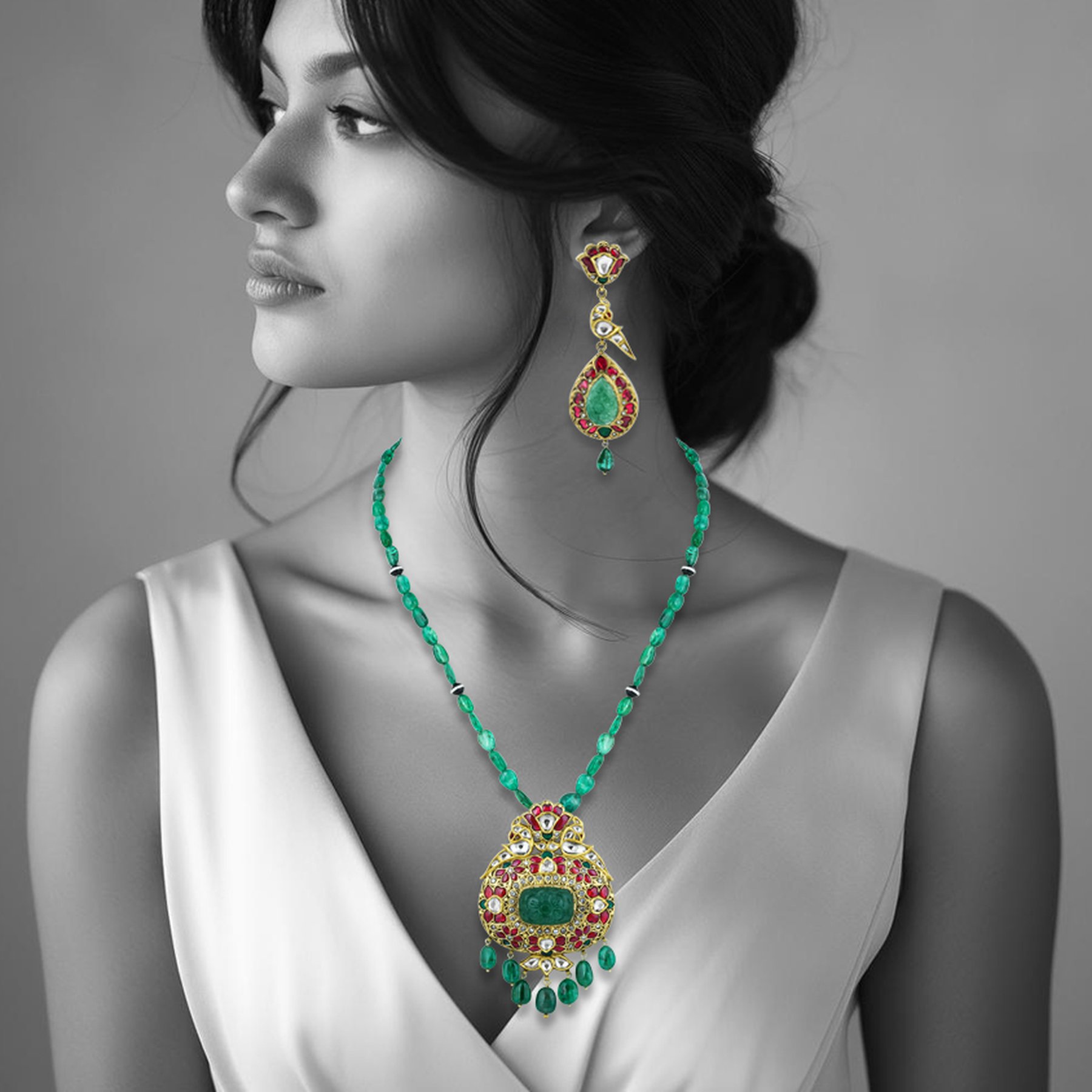 Emerald Bead Necklace Set with Red Talaf Pendant and Polki