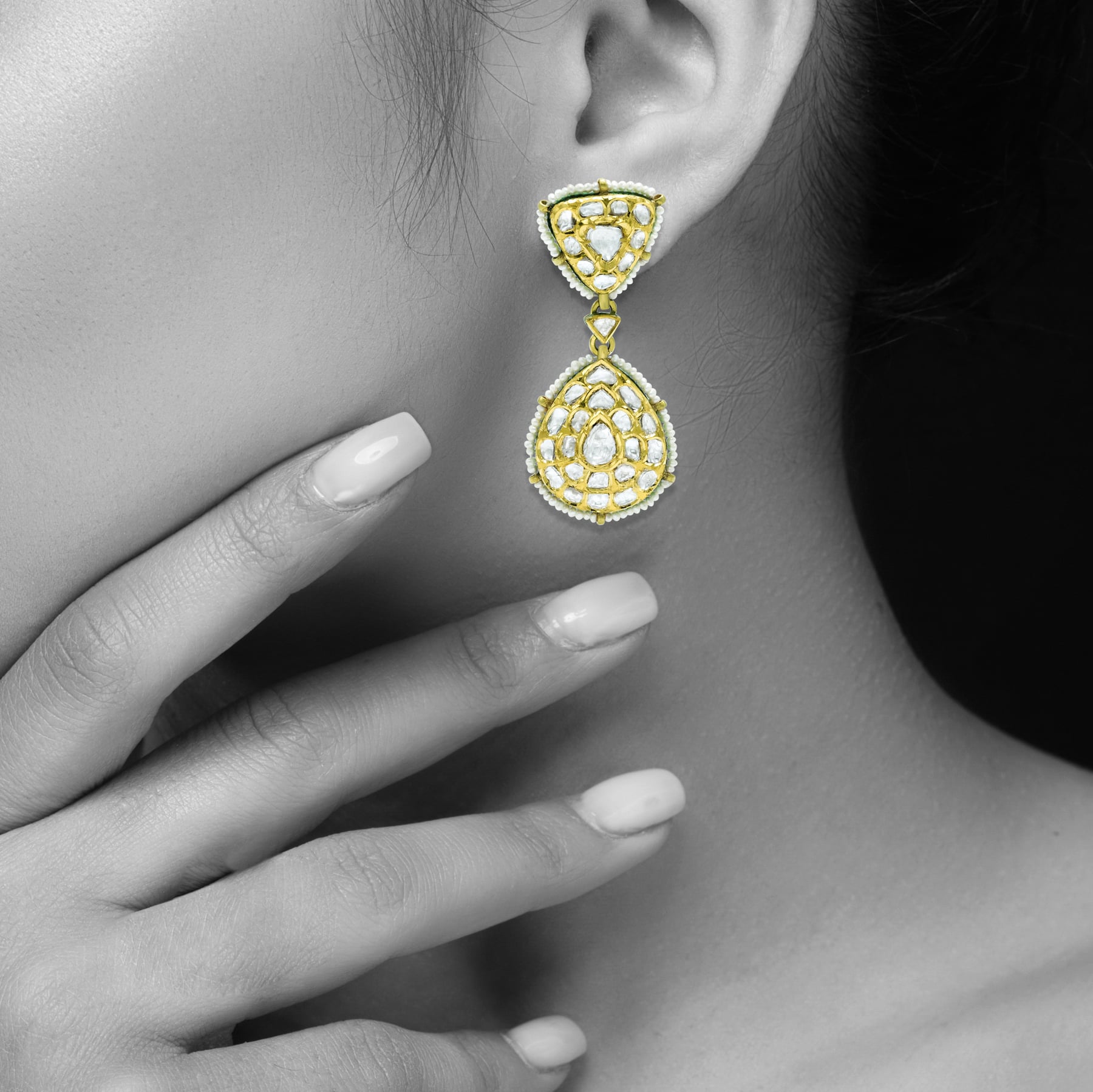 Polki Earrings with Triangular and Teardrop Motifs