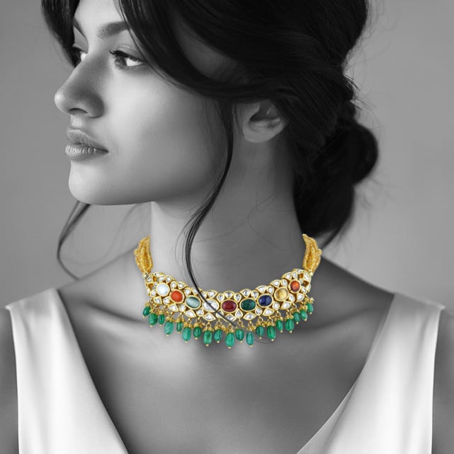 Navratana Choker with Polki Diamonds and Emerald Beads
