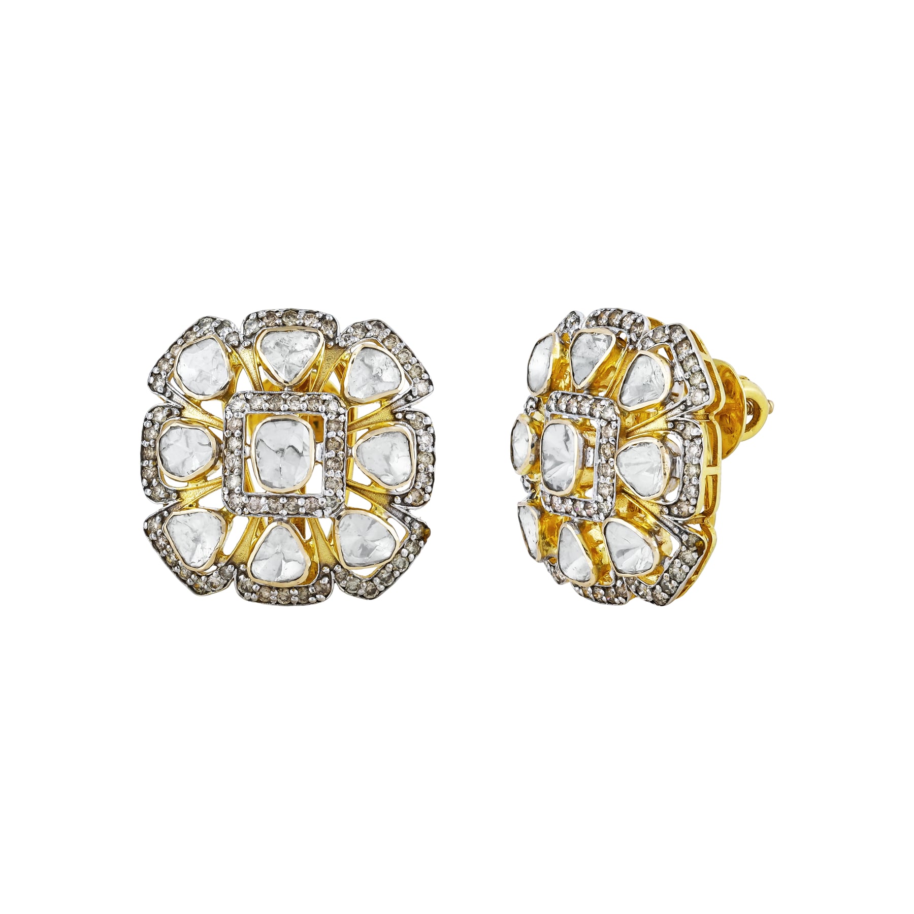 Floral Motif Earrings with Polkis and Diamond Borders