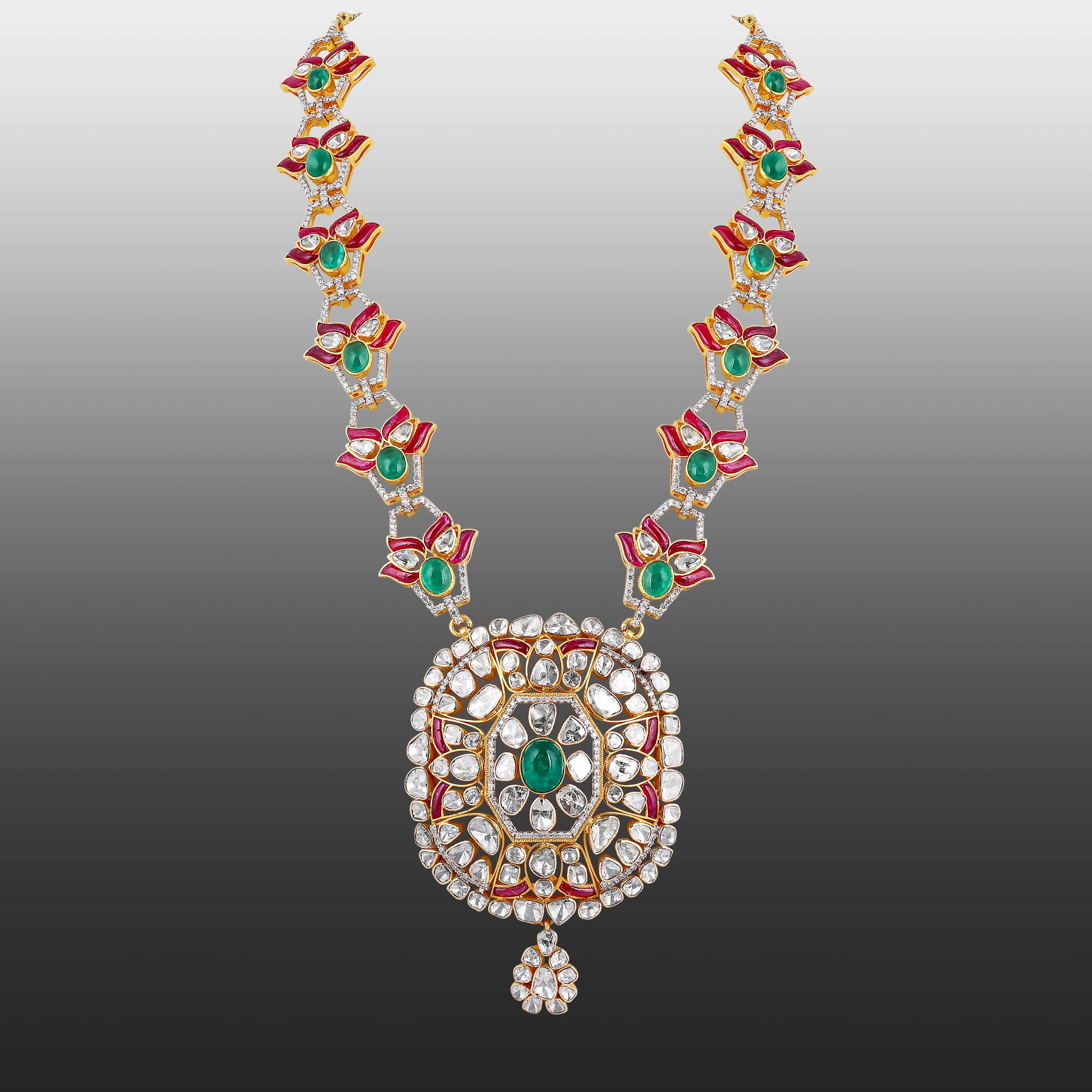 Emerald & Ruby Cabochon Necklace with Diamond Polki Halo