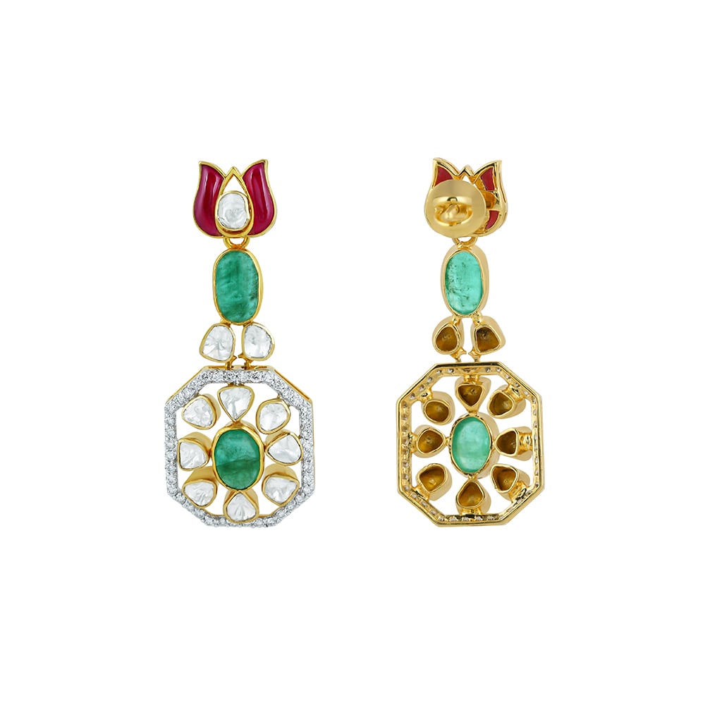 Ruby & Emerald Earrings with Diamond Polki Halo