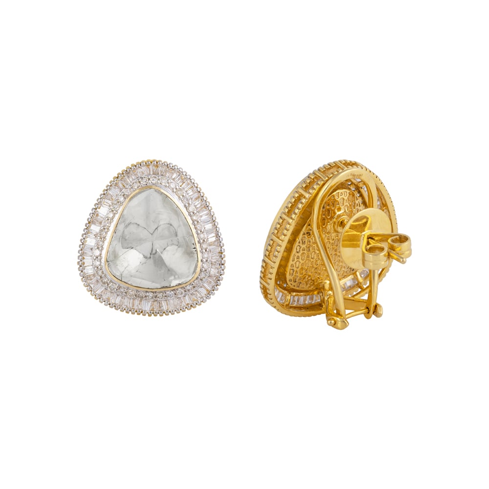 Triangular Stud Earrings with Channel Setting Diamond Halo