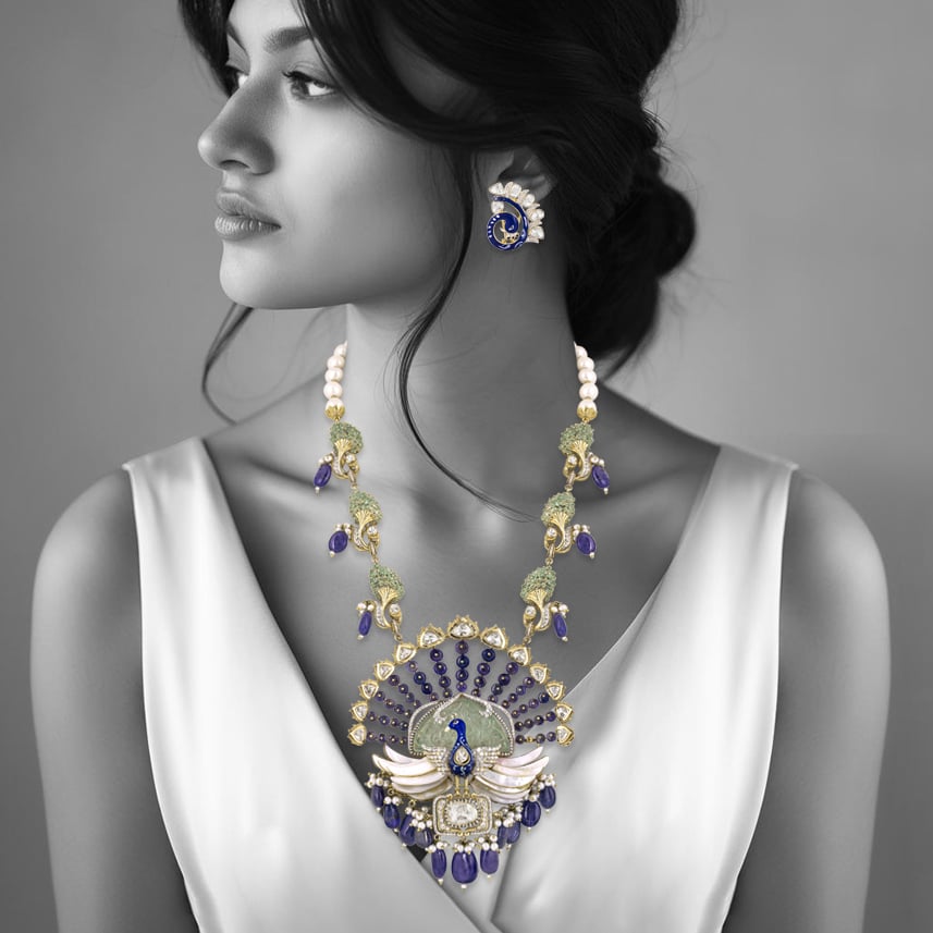 Peacock Pendant Necklace with Tanzanite , Mother of Pearl, Blue Enamel and Carved Stone